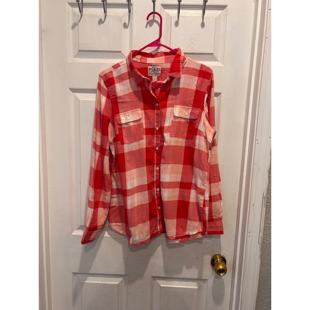 Old Navy Womens Coral Pink Plaid Flannel Button Down Shirt Long Sleeve Sz Large